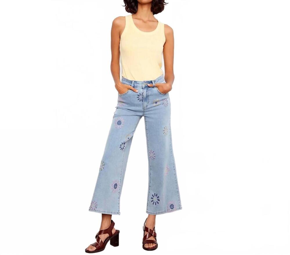 NEW CHARLIE B women's wide leg crop pixel flower jean in blue